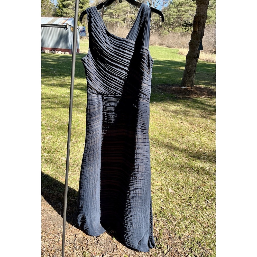 Tadashi Shoji Navy Blue Pintuck Pleated Asymmetrical Gown Dress OC148L Womens 14